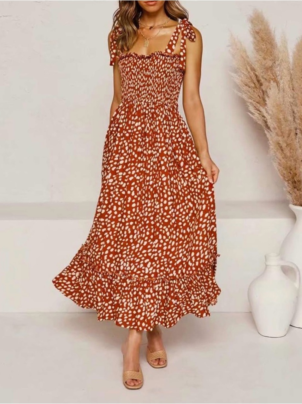 Tie-Shoulder Rust Spot Print Midi Dress